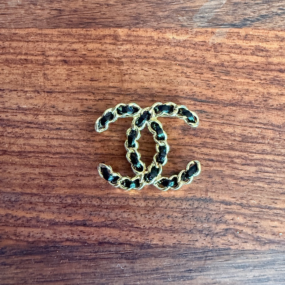 CHANEL Gold and Black Chain Logo Brooch